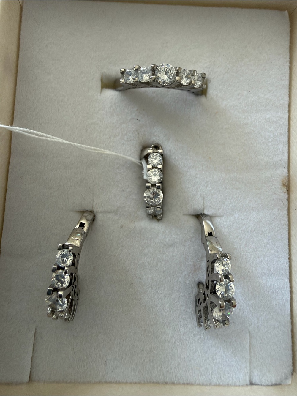Sterling Silver White CZ Three-Stone Ring, pendant and Hoop Earring Set